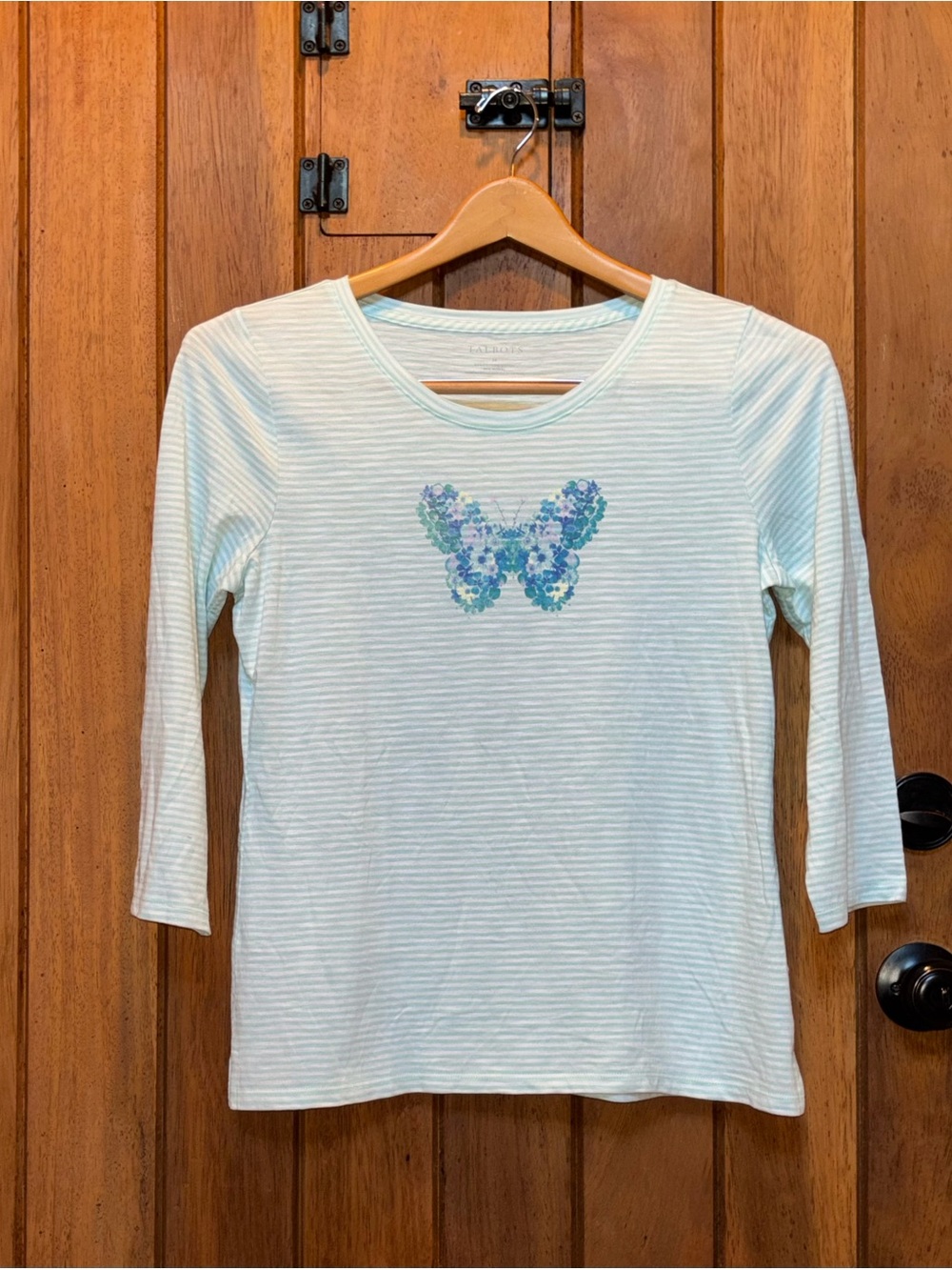 Talbots Light Blue Striped Women's 3-4 Sleeve Tee with Floral Butterfly